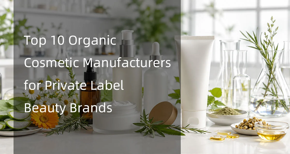 Organic cosmetic products with natural ingredients on display, featuring text overlay 'Top 10 Organic Cosmetic Manufacturers for Private Label Beauty Brands'.